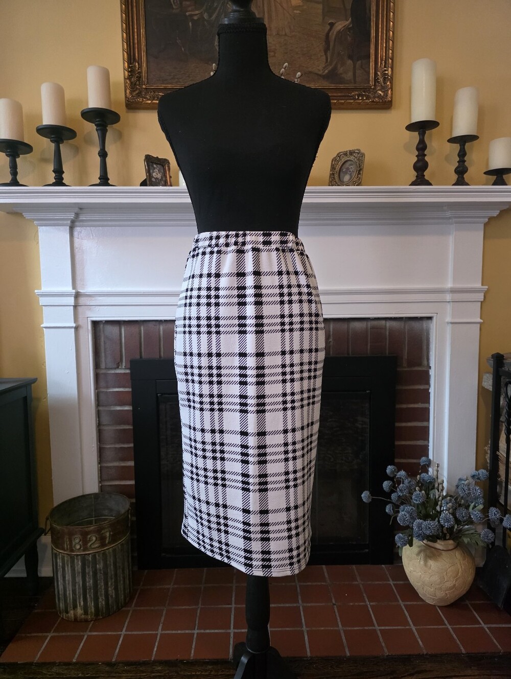 Black White Plaid High Waist Midi Pencil Skirt
